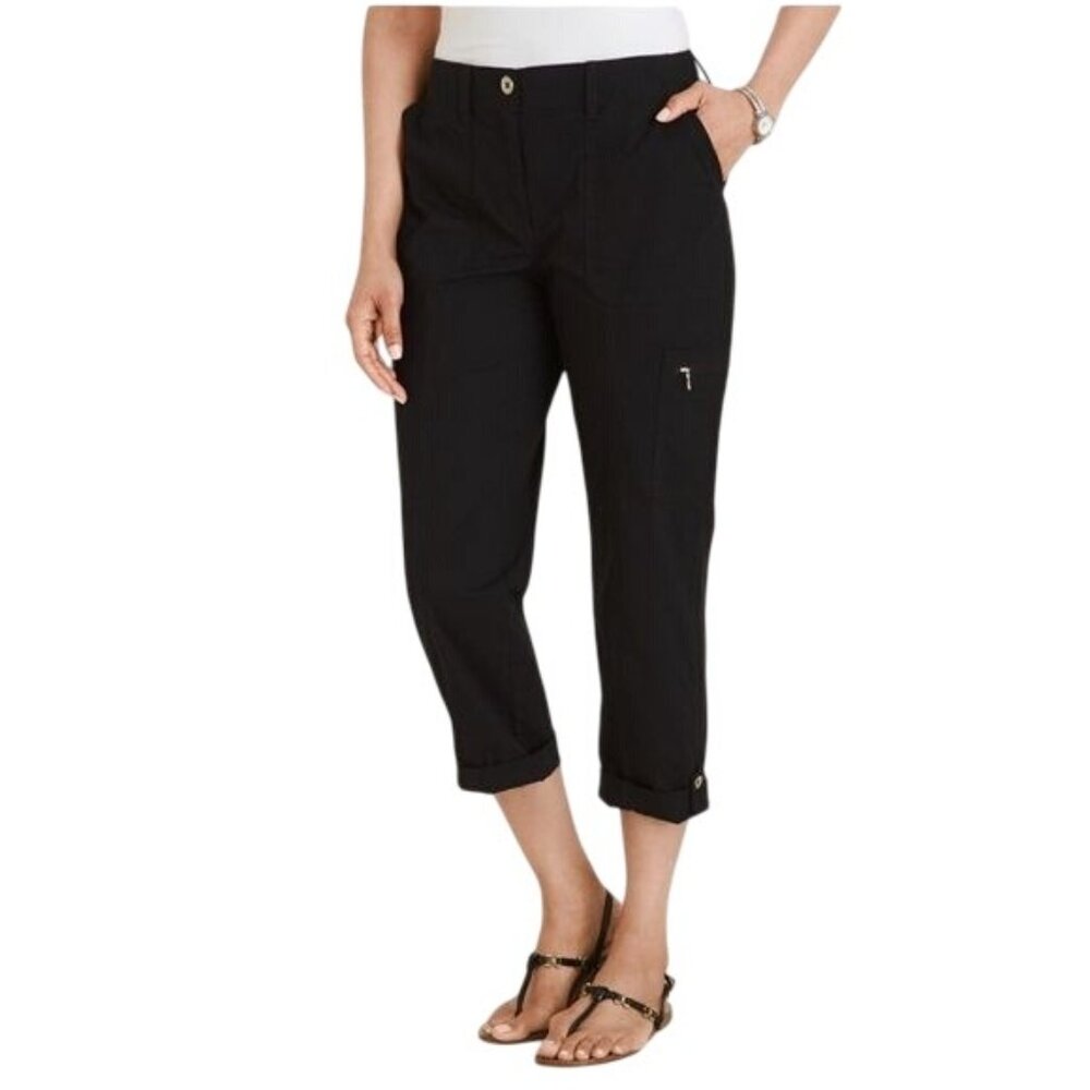 CHICO'S Black Cropped Pants With‎ Button Details & Pockets Womens Size 10 Casual